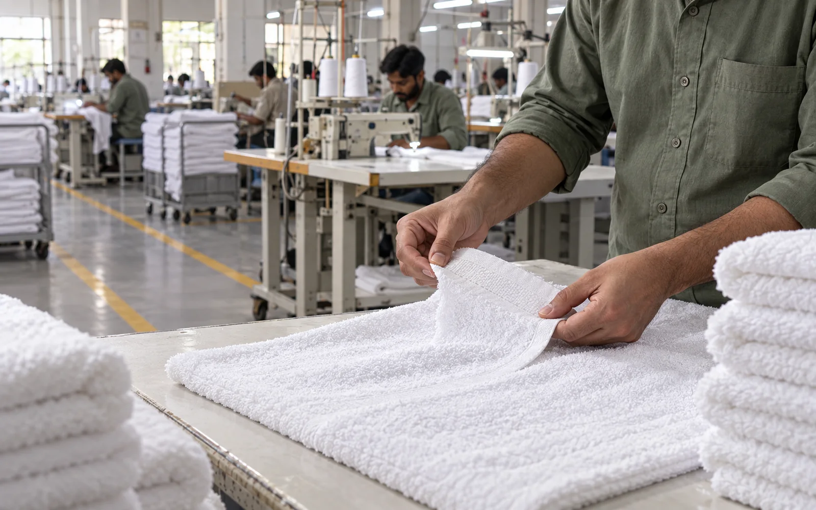Representative image of a towel workmanship check beside a textile sewing line